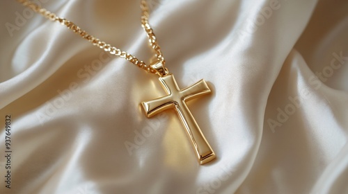 Elegant Gold Cross Pendant on White Silk Cloth