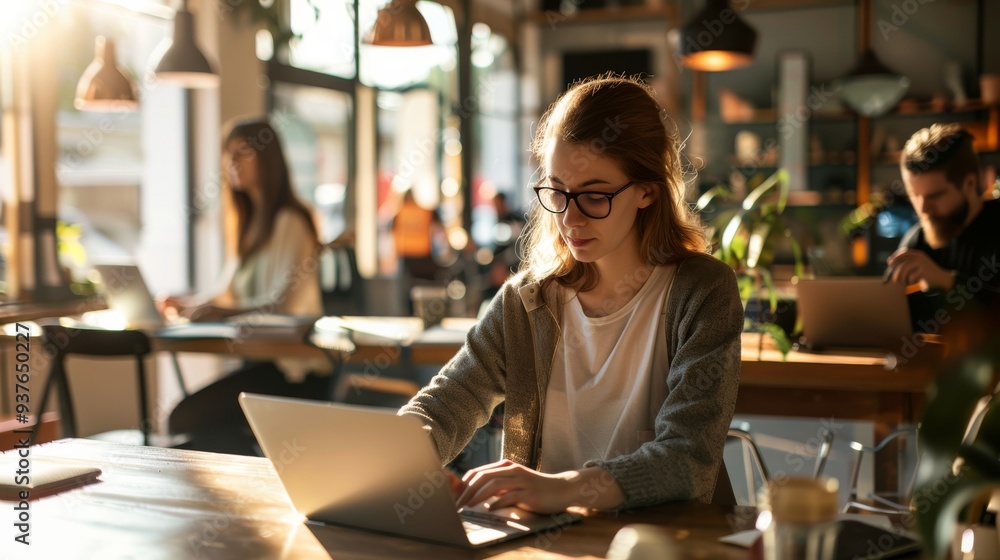 A young woman working intently on her laptop in a cozy coffee shop, bathed in warm, inviting sunlight from the large windows. A young woman working intently on her laptop in a cozy coffee shop, bathed in warm, inviting sunlight from the large windows.