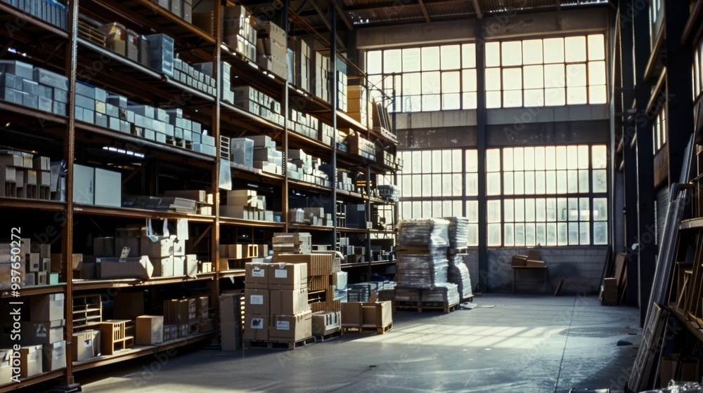 An expansive warehouse with tall shelves stocked with various boxes and goods, illuminated by sunlight streaming through large windows. An expansive warehouse with tall shelves stocked with various boxes and goods, illuminated by sunlight streaming through large windows.
