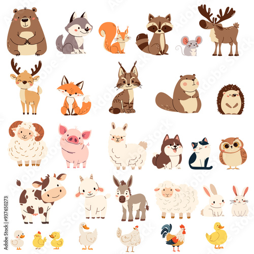 Large set of flat vector illustrations in children's style. Wild animals of summer and farm pets . Vector illustration