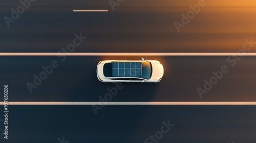 Craft a detailed side view image of a solar-powered car driving along a sunlit highway Highlight the integration of solar panels seamlessly into the vehicle design using photoreali photo