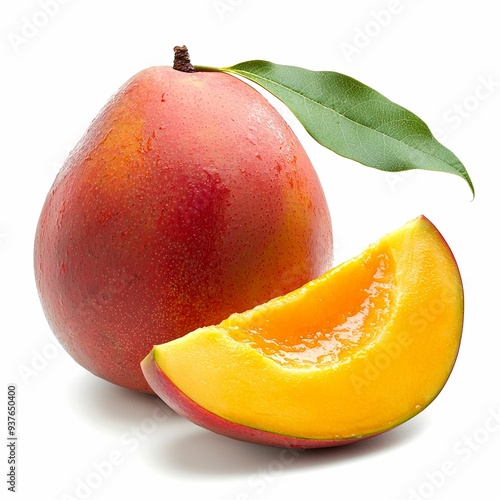 Ripe Mango with a Slice and a Green Leaf photo