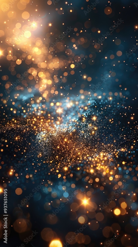 Naklejka premium Glittery bright shimmering backdrop. Yellow light blurred. little yellow stars background, space for text, shining glitter, festive holidays