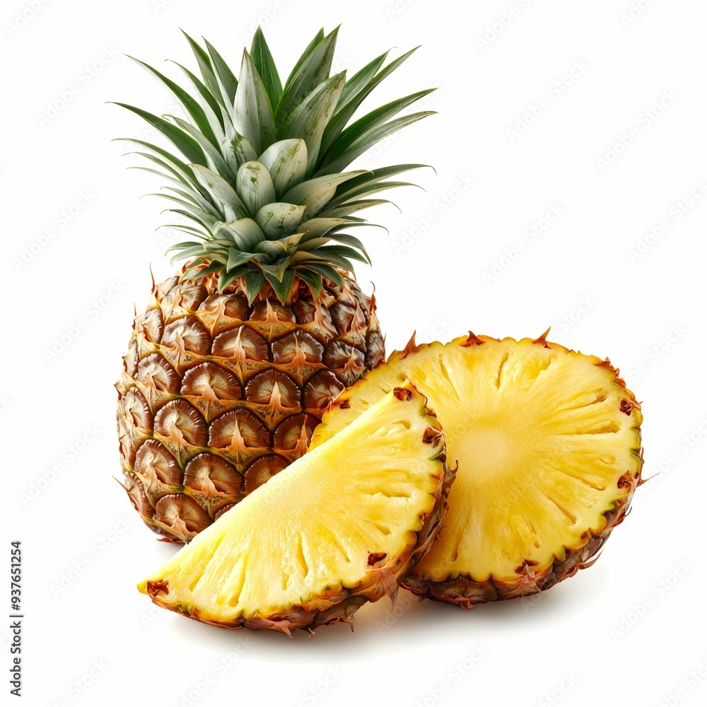 Whole and Sliced Pineapple with Green Leaves Whole and Sliced Pineapple with Green Leaves