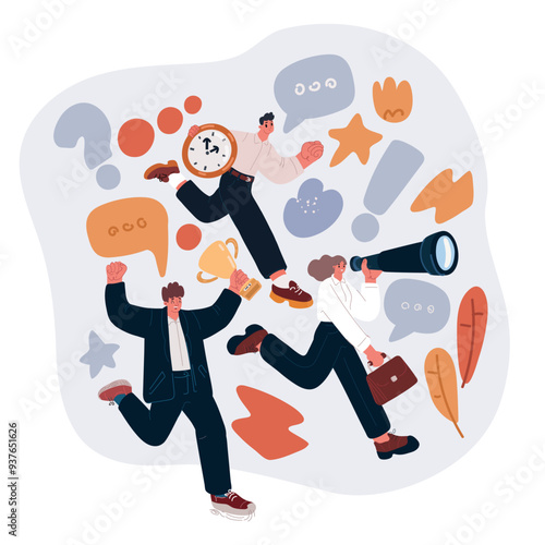 Cartoon vector illustration of Concept of searching for opportunities, decisions, new business ideas or staff. People looking forward to future.
