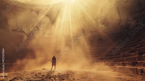 Golden rays of sunlight pierce through the dusty air, illuminating a lone figure in a vast, ancient amphitheater, evoking a sense of history and solitude.