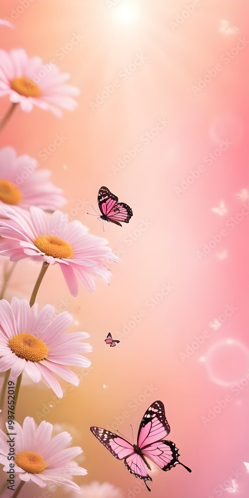 Pink daisies and butterflies fluttering in a colorful spring garden, romantic banner Pink daisies and butterflies fluttering in a colorful spring garden, romantic banner