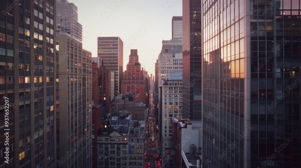 A street view of an urban cityscape at dusk, highlighting tall skyscrapers and a tranquil evening sky. A street view of an urban cityscape at dusk, highlighting tall skyscrapers and a tranquil evening sky.