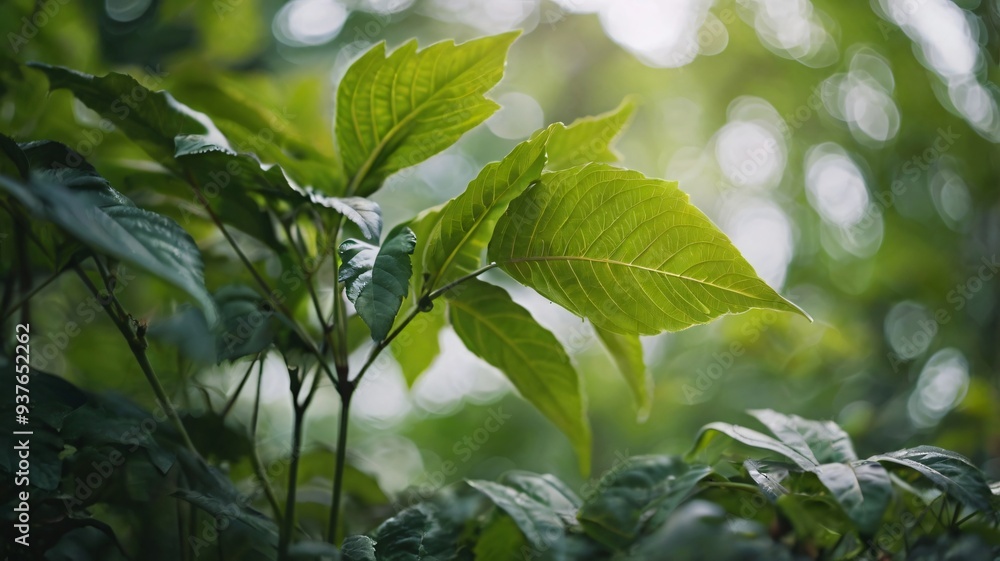 In a tranquil environment, vibrant green leaves emerge prominently against a blurred backdrop of rich foliage, illuminated by gentle sunlight filtering through the trees In a tranquil environment, vibrant green leaves emerge prominently against a blurred backdrop of rich foliage, illuminated by gentle sunlight filtering through the trees