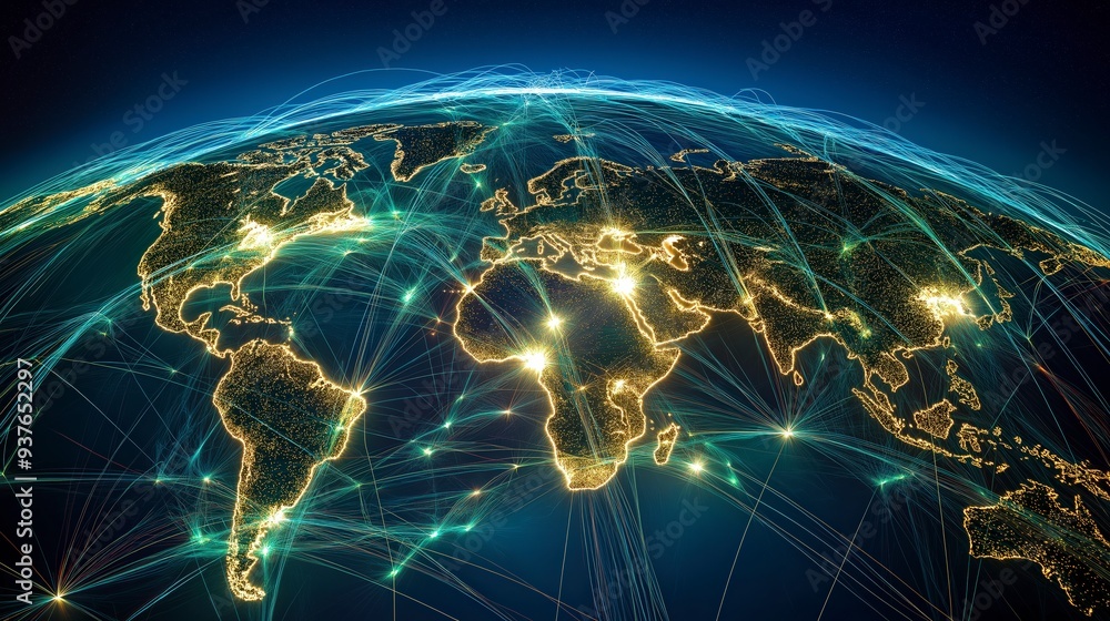 Global network of interconnected lines on a glowing planet Earth. Global network of interconnected lines on a glowing planet Earth.