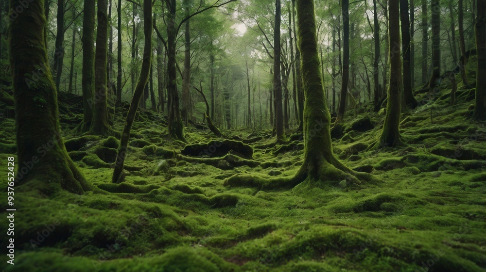 Obraz premium Green moss forest nature texture background. Generative Image