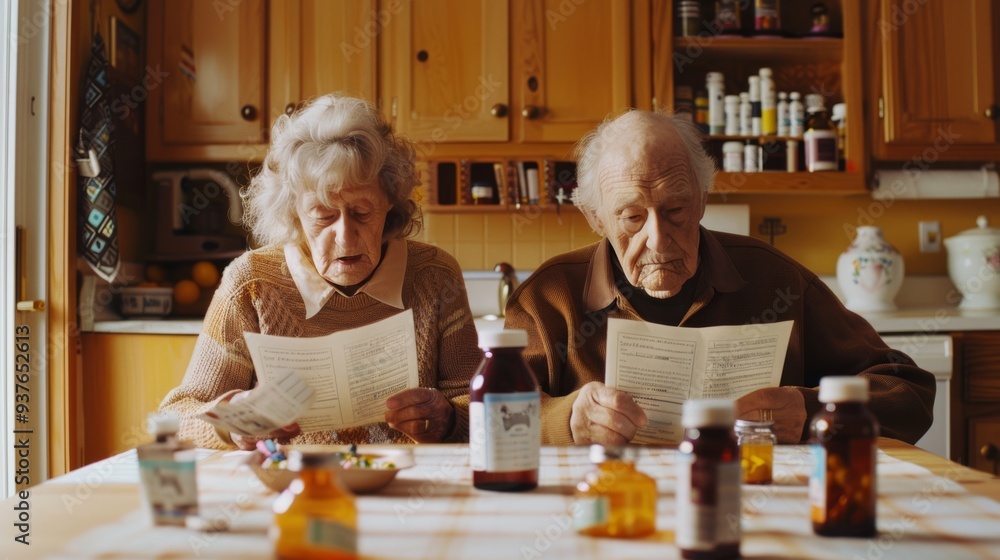 An elderly couple with a table full of medicine bottles focuses intently on reading documents, reflecting careful management of their health. An elderly couple with a table full of medicine bottles focuses intently on reading documents, reflecting careful management of their health.