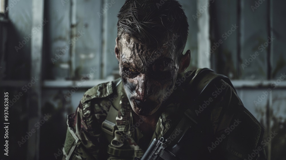 Soldier with a hauntingly disfigured face, seated in a shadowy, war-torn environment. Soldier with a hauntingly disfigured face, seated in a shadowy, war-torn environment.