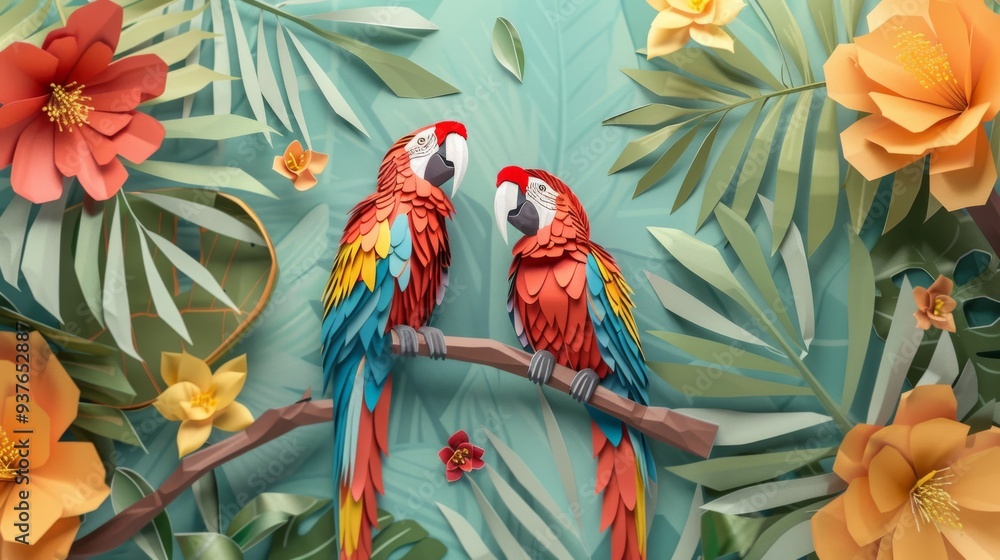 Obraz premium A pair of vibrant, colorful parrots rest on a branch within a lively tropical jungle adorned with lush greenery and bold, bright flowers.