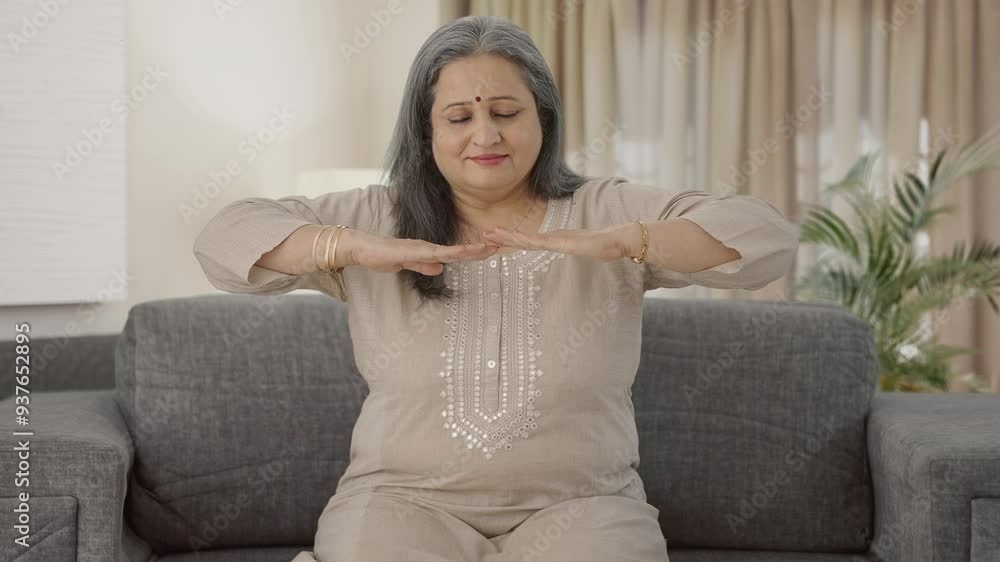 Happy Indian old woman doing breathe in breathe out exercise Happy Indian old woman doing breathe in breathe out exercise