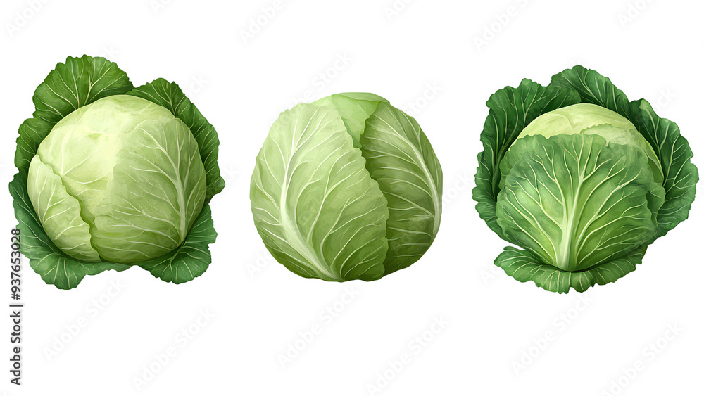 Fototapeta premium Fresh Green Cabbages with Lush Leaves – High-Quality Vegetables