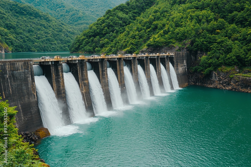 Craft a dynamic wide-angle perspective of a hydroelectric dam surrounded by cascading waterfalls Craft a dynamic wide-angle perspective of a hydroelectric dam surrounded by cascading waterfalls