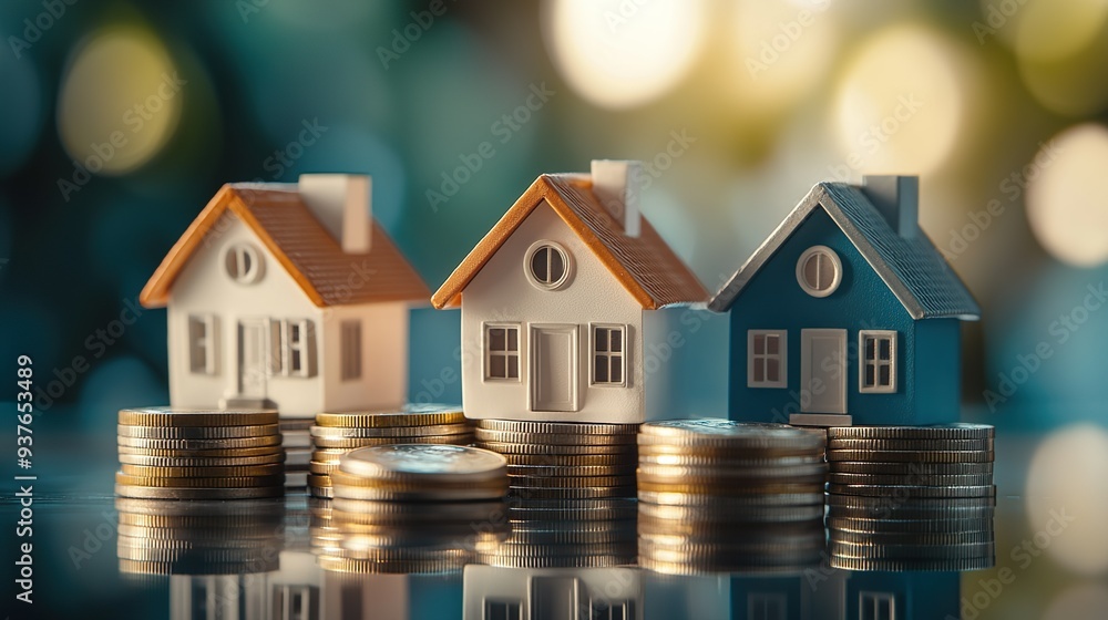 miniature house models placed on stacks of coins. Home insurance concept miniature house models placed on stacks of coins. Home insurance concept