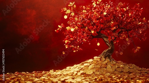 Money tree with golden and red leaves standing on a mound of coins against a vibrant red backdrop