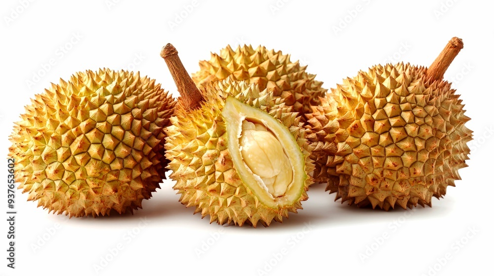 Ripe Durian Fruit with Spiky Skin and Exposed Flesh Ripe Durian Fruit with Spiky Skin and Exposed Flesh