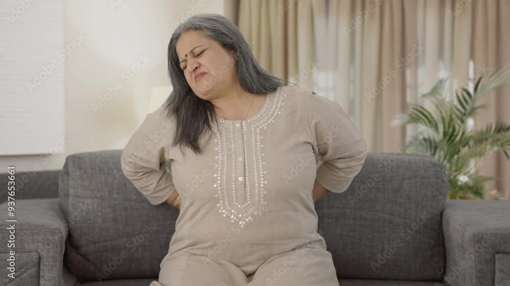 Sick Indian old woman suffering from back pain Sick Indian old woman suffering from back pain