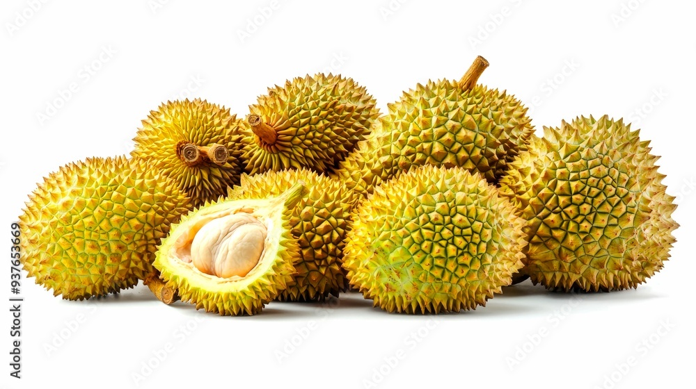 Durian Fruit with Spiky Rind and Opened Section Durian Fruit with Spiky Rind and Opened Section
