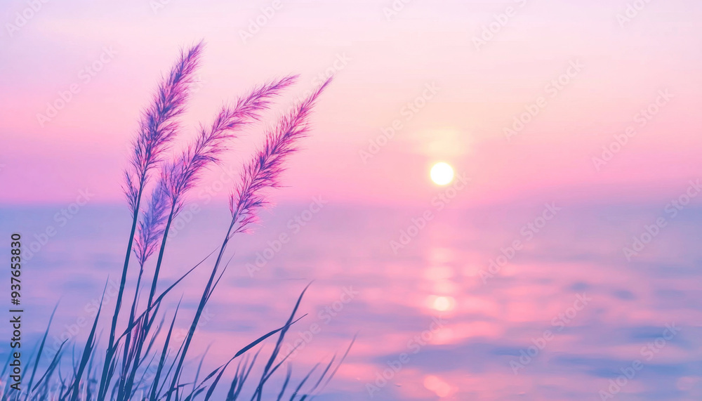 Serene Sunset by the Water with Gentle Reeds Swaying Serene Sunset by the Water with Gentle Reeds Swaying