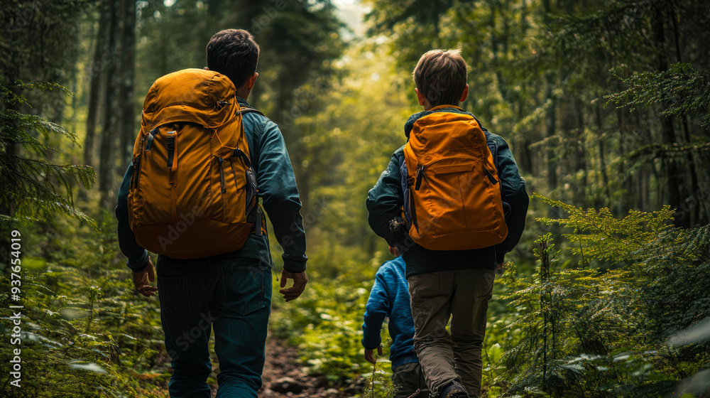 Obraz premium A group hiking through a lush, green forest wearing backpacks, ideal for promoting outdoor activities, adventure trips, family bonding, and nature exploration experiences,