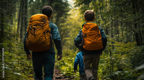 A group hiking through a lush, green forest wearing backpacks, ideal for promoting outdoor activities, adventure trips, family bonding, and nature exploration experiences,