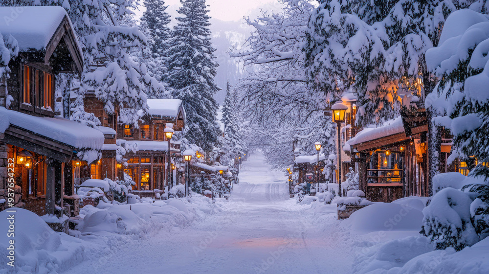 Naklejka premium A picturesque snow-covered village at dusk with glowing streetlights and warmly lit cabins, perfect for winter vacation promotions, holiday cards, and travel guides,