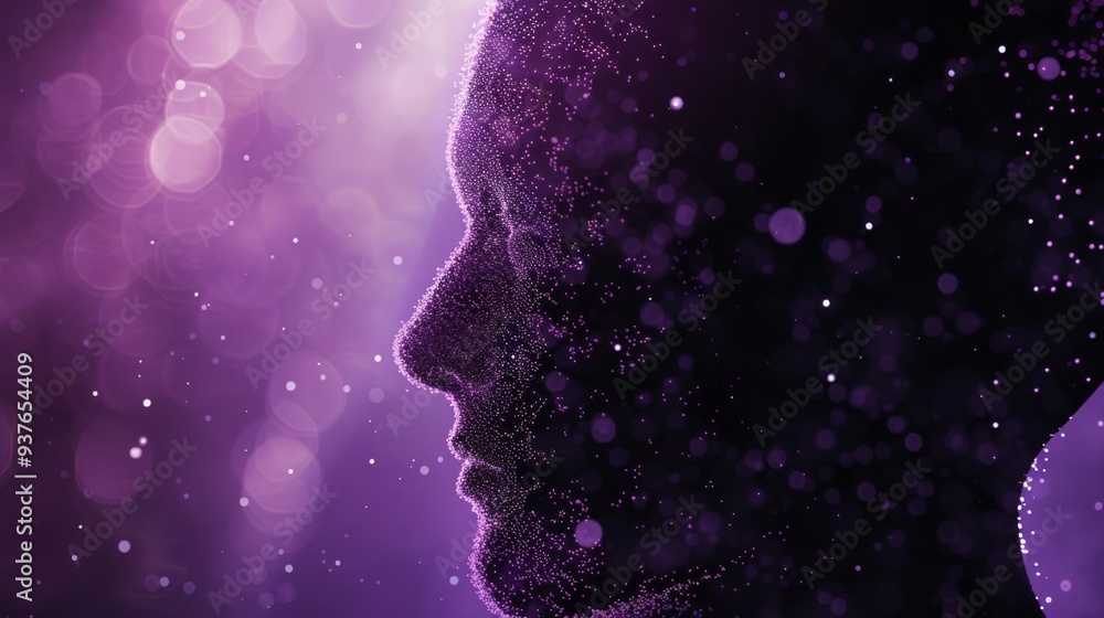 A silhouetted profile of a person enveloped in delicate, glittering particles against a vibrant purple backdrop, creating a sense of mystery and ethereal beauty. A silhouetted profile of a person enveloped in delicate, glittering particles against a vibrant purple backdrop, creating a sense of mystery and ethereal beauty.