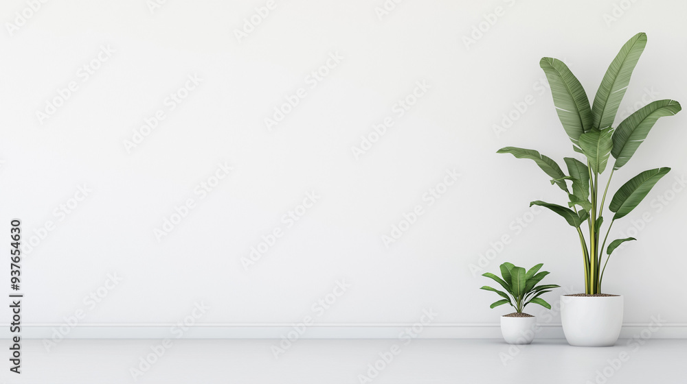 Generate a minimalistic, realistic photograph of a single green plant in a modern, bright living room. The scene should be clean and simple, with the plant positioned against a white or neutral wall, Generate a minimalistic, realistic photograph of a single green plant in a modern, bright living room. The scene should be clean and simple, with the plant positioned against a white or neutral wall,