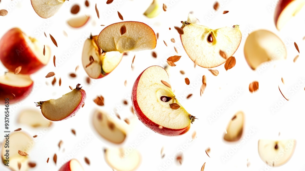 Red Apple Slices and Seeds Falling Through Air Red Apple Slices and Seeds Falling Through Air