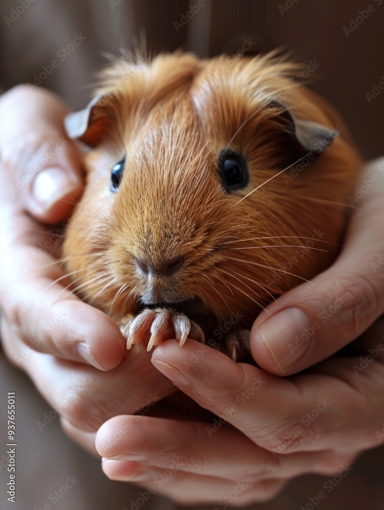 A close-up of a cute guinea pig being held gently by a pair of hands. A close-up of a cute guinea pig being held gently by a pair of hands.