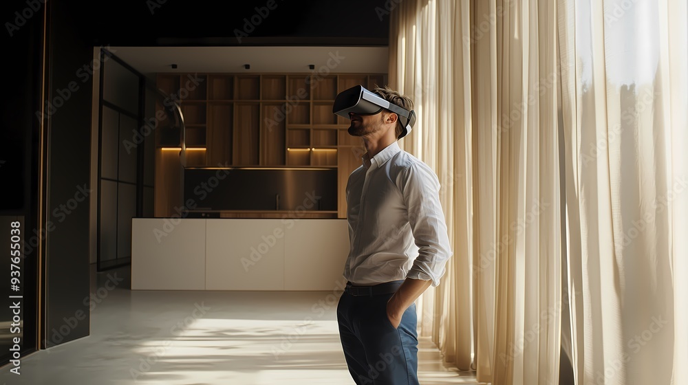 Man exploring virtual reality in a modern home. Man exploring virtual reality in a modern home.