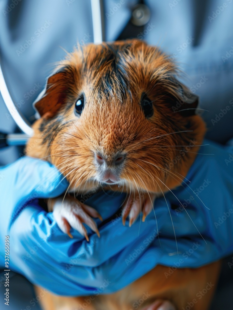 A close up portrait of a brown and black guinea pig being held by a veterinarian in blue gloves. A close up portrait of a brown and black guinea pig being held by a veterinarian in blue gloves.