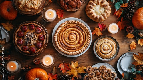 Cozy Thanksgiving Dessert Table with Pumpkin Pie, Cinnamon Rolls, and Autumn Treats Surrounded by Autumn Leaves and Candles