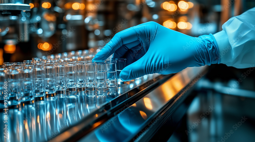 Close-up view of blue-gloved hands handling medical vials with light liquid on a conveyor belt in a modern medical facility. The clean and sterile environment of the production line is captured under Close-up view of blue-gloved hands handling medical vials with light liquid on a conveyor belt in a modern medical facility. The clean and sterile environment of the production line is captured under