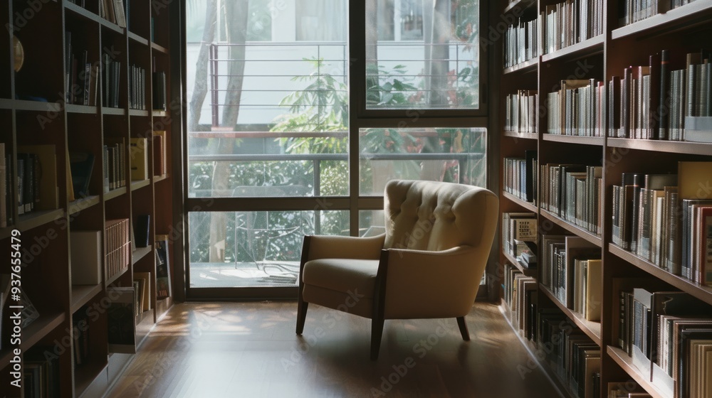 A tranquil library with floor-to-ceiling bookcases and a comfy armchair, illuminated by natural light from large windows. A tranquil library with floor-to-ceiling bookcases and a comfy armchair, illuminated by natural light from large windows.
