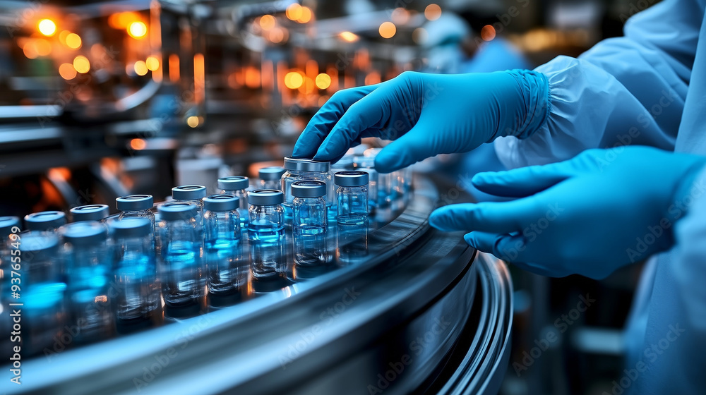 Close-up view of blue-gloved hands handling medical vials with light liquid on a conveyor belt in a modern medical facility. The clean and sterile environment of the production line is captured under Close-up view of blue-gloved hands handling medical vials with light liquid on a conveyor belt in a modern medical facility. The clean and sterile environment of the production line is captured under