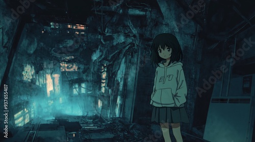 A young girl in a dilapidated, futuristic environment, surrounded by ruins and illuminated by cold, artificial light, evoking a sense of dystopia in an anime style

