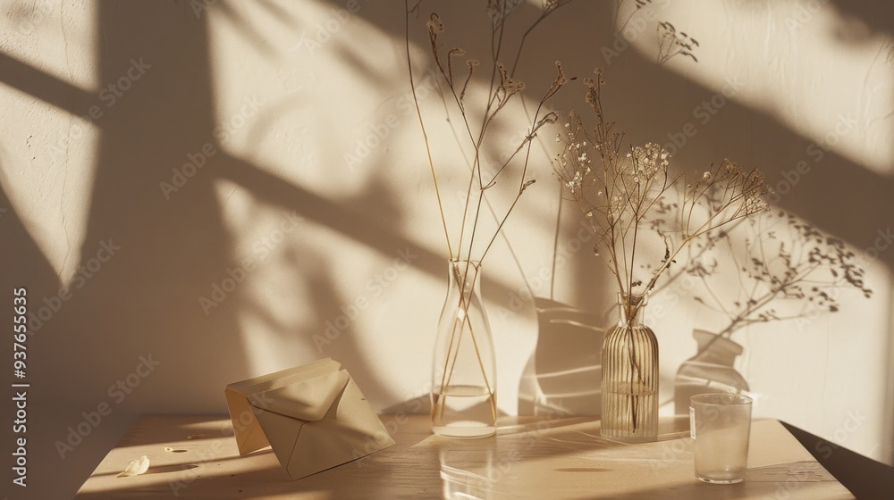 A serene still life composition with dried flowers in glass vases casting intricate shadows on a sunlit wooden table. A serene still life composition with dried flowers in glass vases casting intricate shadows on a sunlit wooden table.