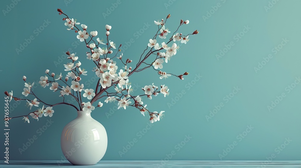 White Blossoms in a Vase Against a Teal Background. White Blossoms in a Vase Against a Teal Background.
