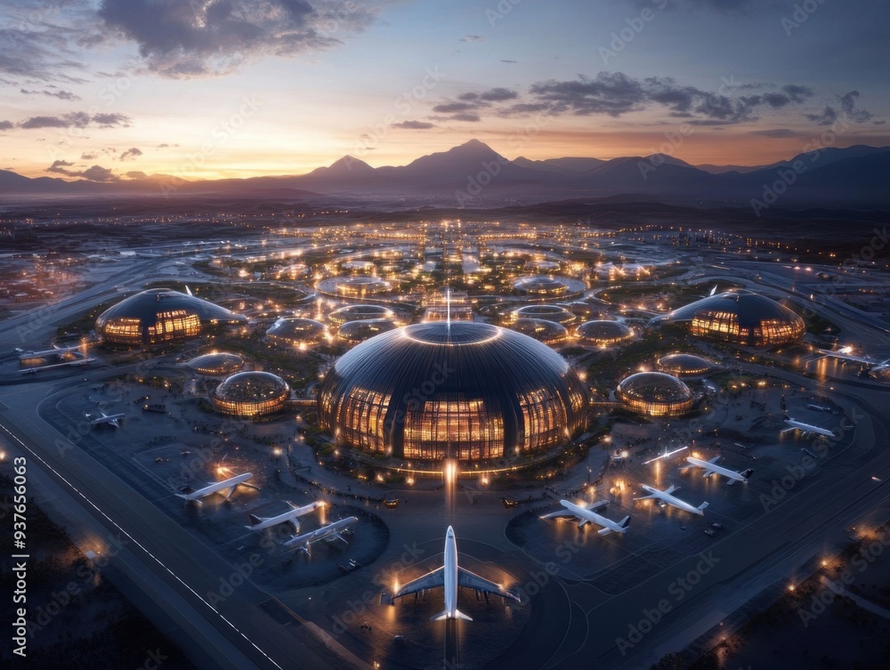 Obraz premium A futuristic aerospace hub emphasizing sustainability and industry advancement, showcasing advanced technologies and eco-friendly practices.