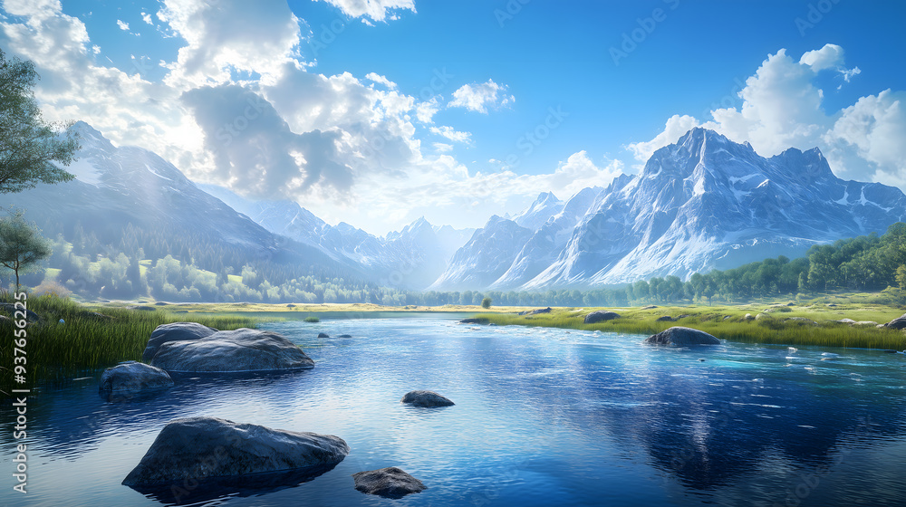 Stunning landscape, serene nature scene, mountains, clear blue sky, peaceful river, outdoor adventure