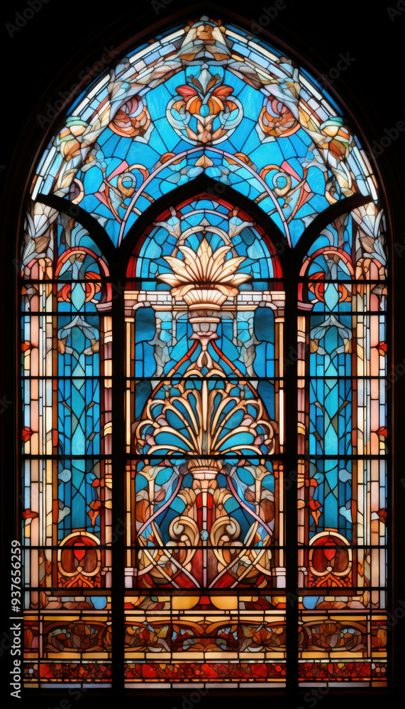 Obraz premium Celestial Blues: A symphony of vibrant blue stained glass illuminates a sacred space, intricate details and divine artistry radiating spiritual tranquility. 
