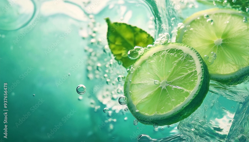 A fresh green lemon slices and ice cubes floating in bubbly whitewater, creating a refreshing and invigorating summer scene on a light background with a crisp and clean aesthetic. A fresh green lemon slices and ice cubes floating in bubbly whitewater, creating a refreshing and invigorating summer scene on a light background with a crisp and clean aesthetic.