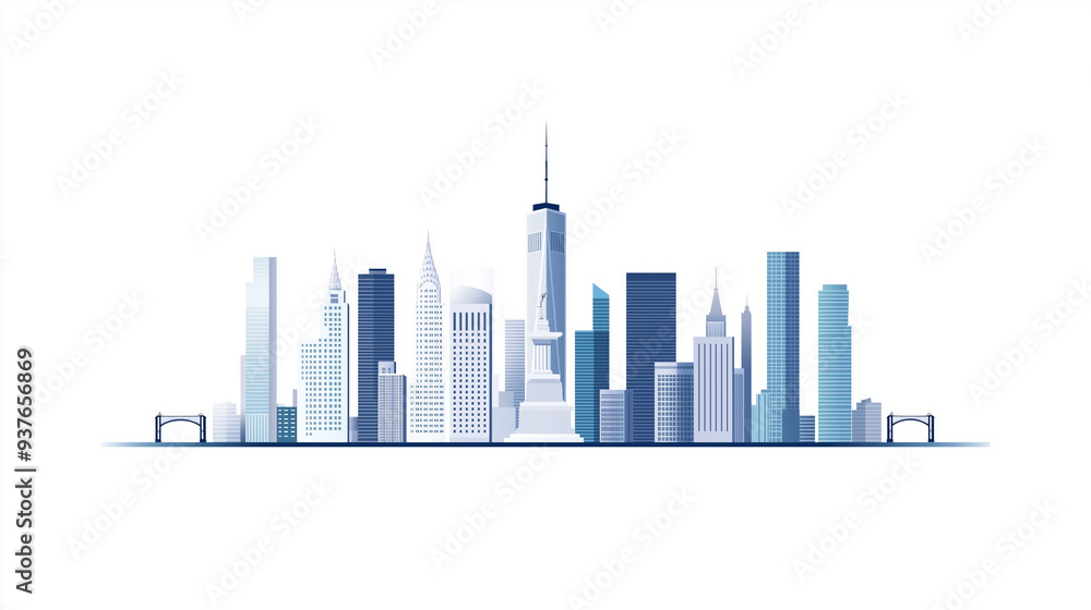 Fototapeta premium ector flat illustration of new york city skyline with statue, white background, simple shapes, simple design, minimalist style, simple lines, flat vector clip art, white background, grey buildings, sk