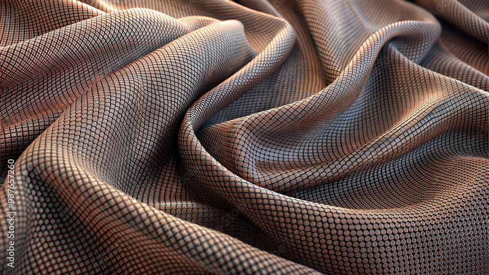 Textured fabric with a metallic shine, soft undulating waves, abstract background, copy space
Textured fabric with a metallic shine, soft undulating waves, abstract background, copy space