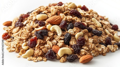 A delicious and nutritious mix of granola, nuts, and dried fruits, perfect for a healthy snack or breakfast option. photo